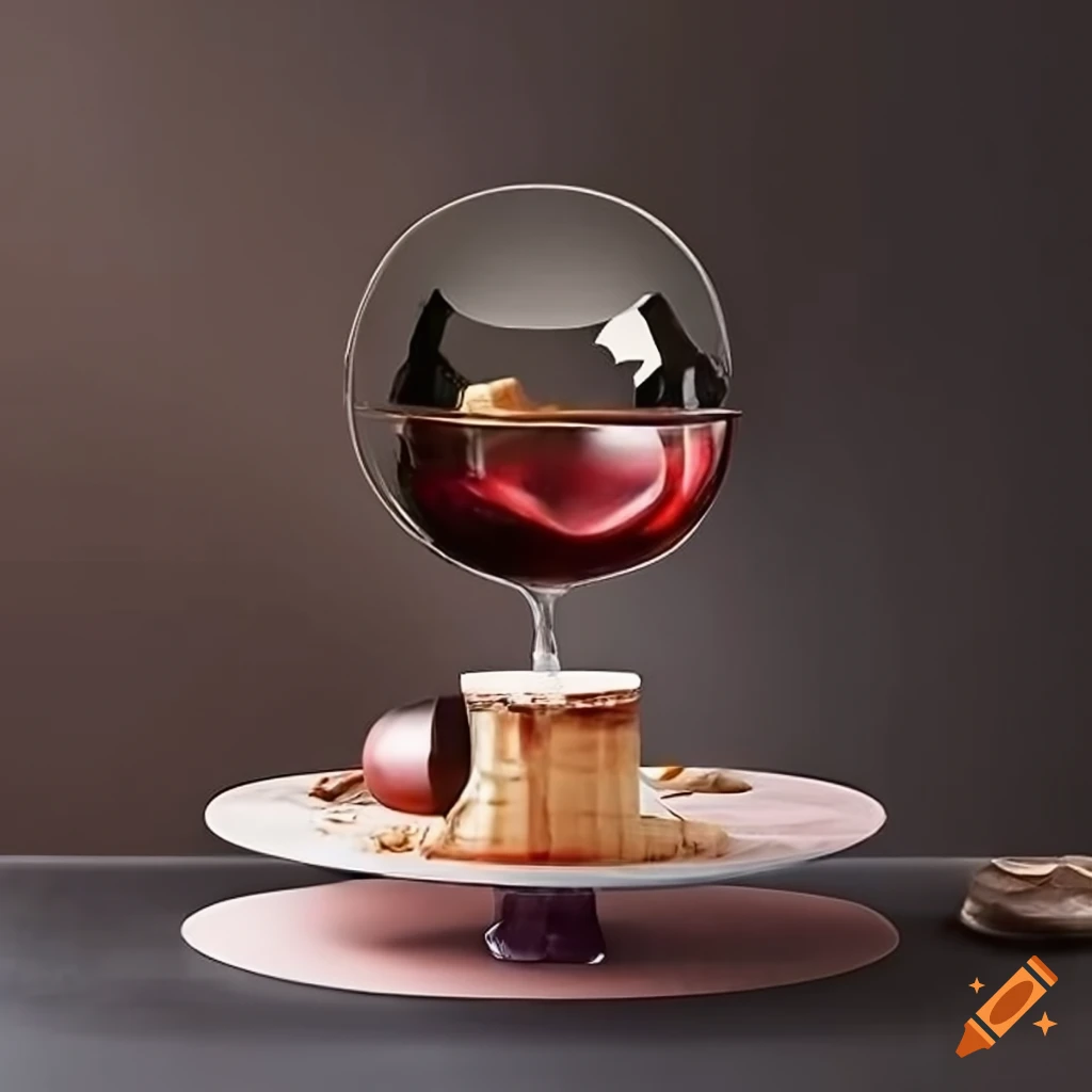 surrealistic pastries and complex wine glasses on a table