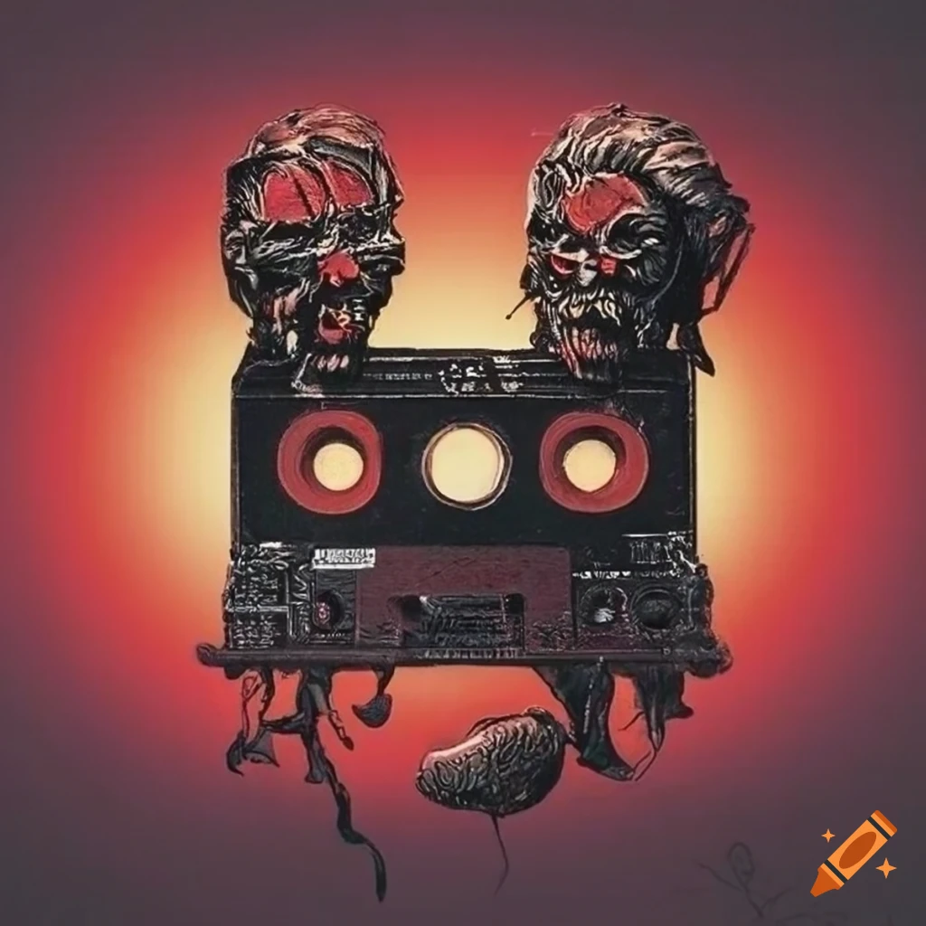 retro rock band logo with red, black, and tan colors