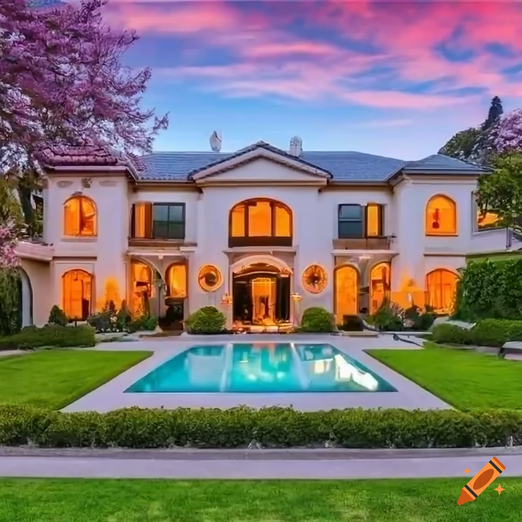 gorgeous California mansion surrounded by cherry blossom trees at sunset