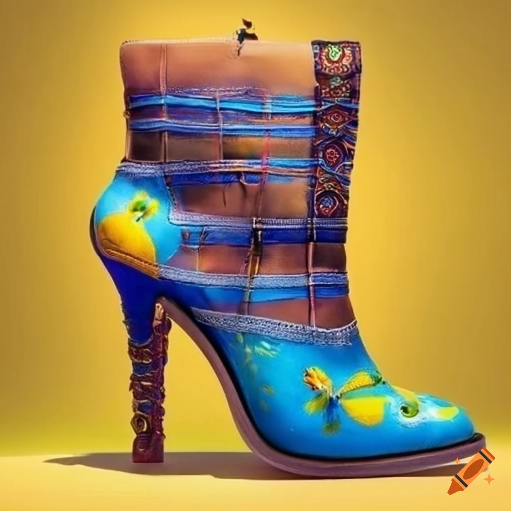Futuristic surrealistic women's high heel boots with yellow straps on  Craiyon