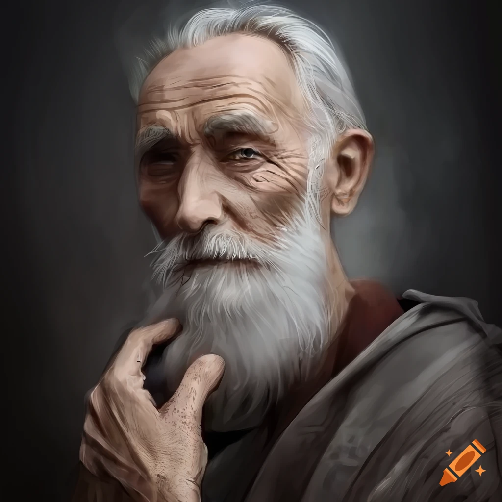 digital painting of an old man with grey hair and a mage hat