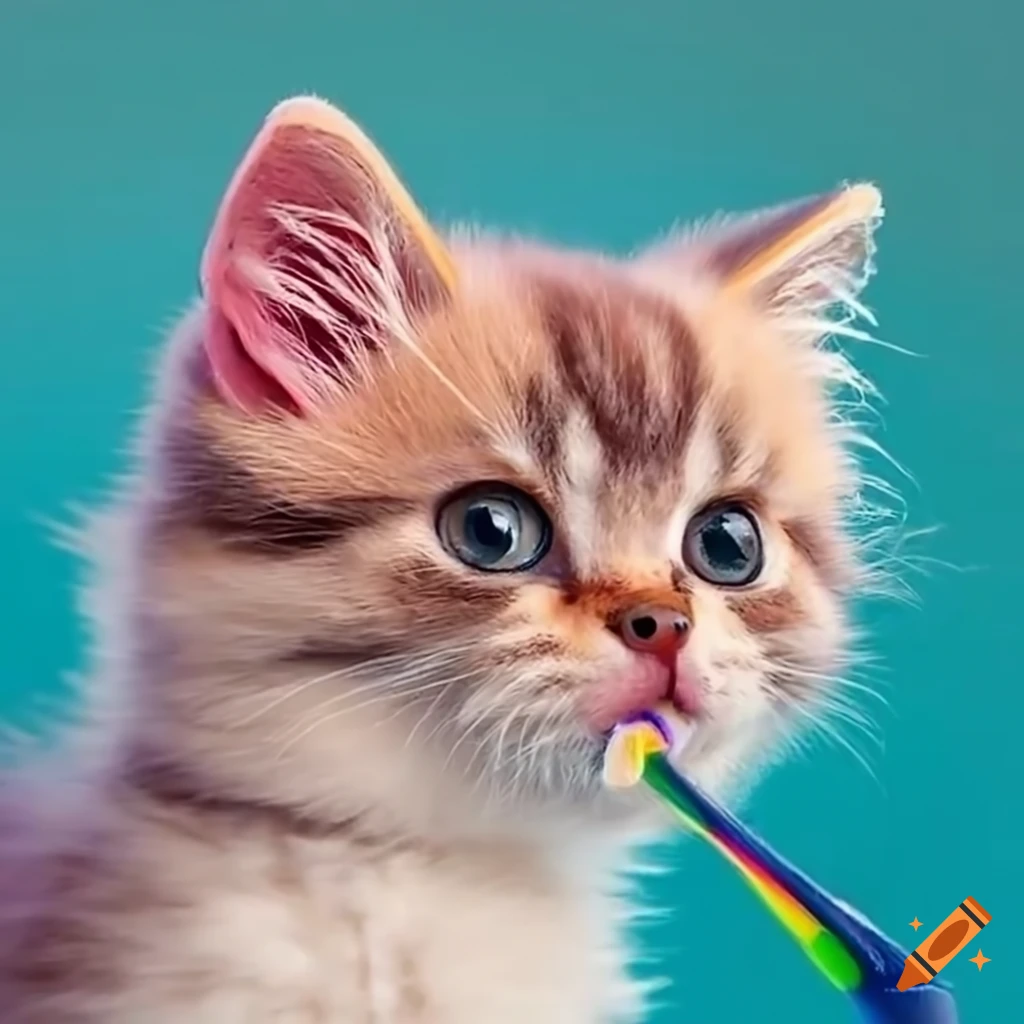 Adorable kitten brushing its teeth