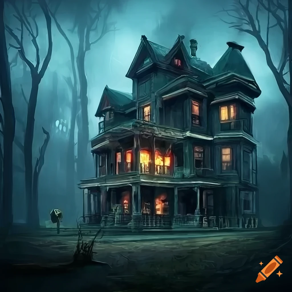 dark and atmospheric painting of a haunted mansion