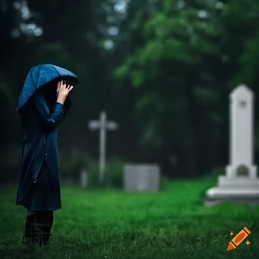 Woman standing in the rain next to a grave