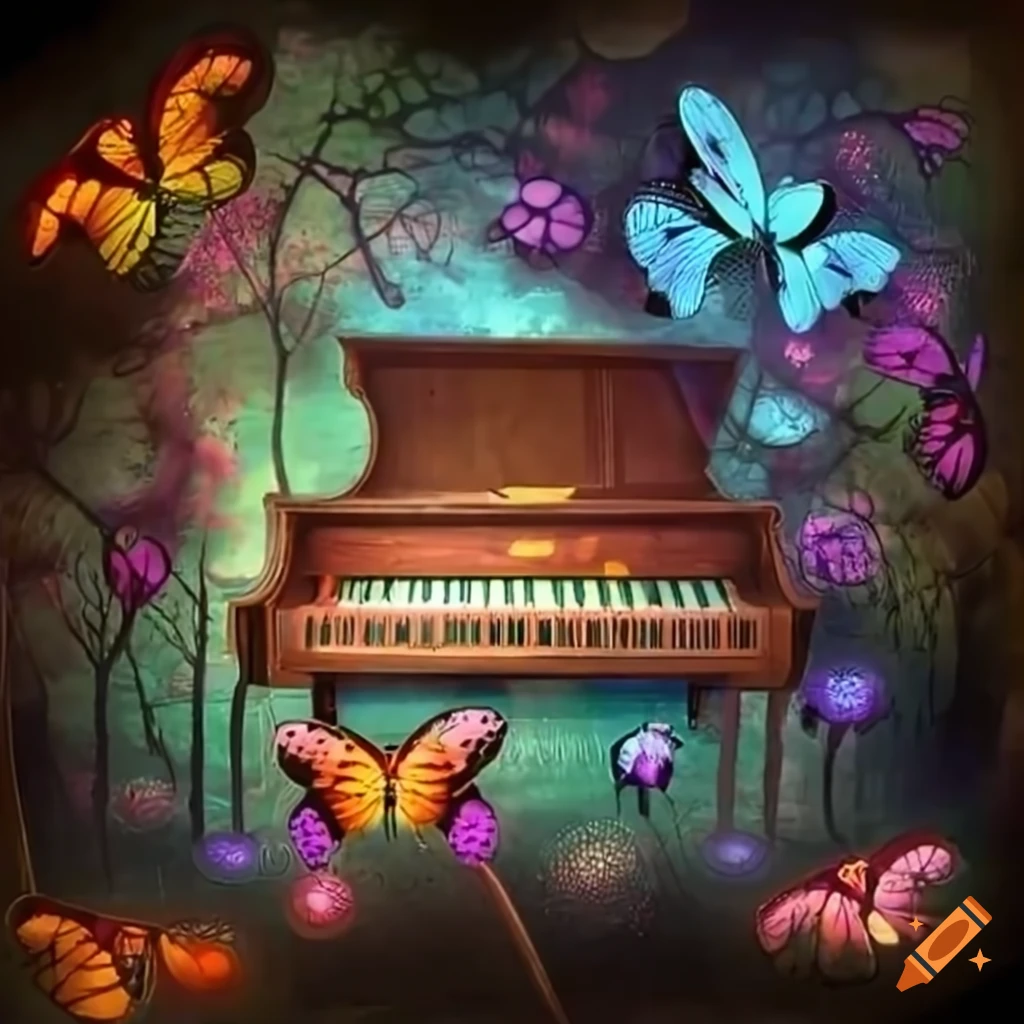 piano with butterfly decorations in robotic forest