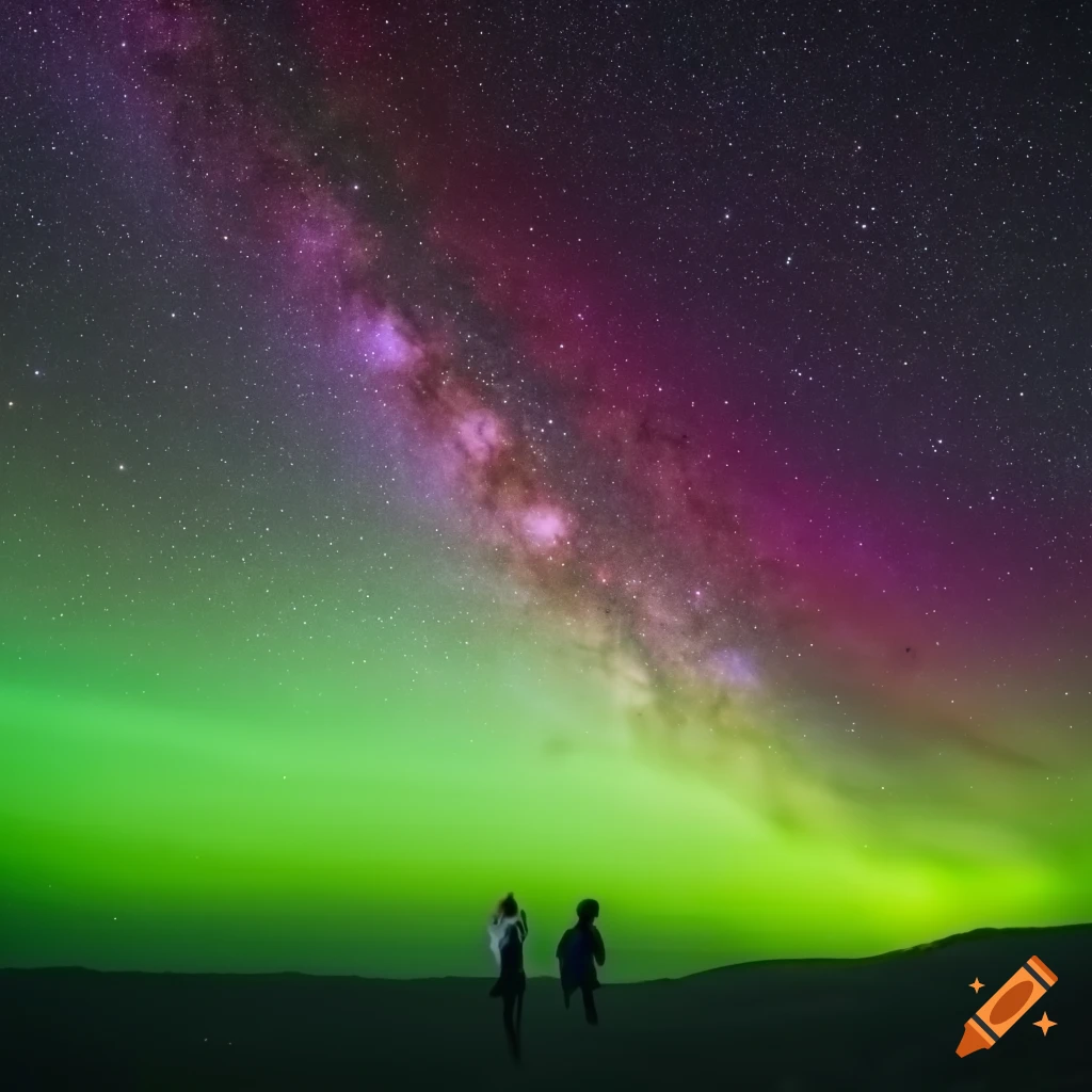 green aurora over a couple walking under the stars