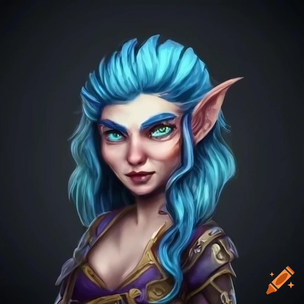 Portrait of a female gnome with blue and purple hair on Craiyon