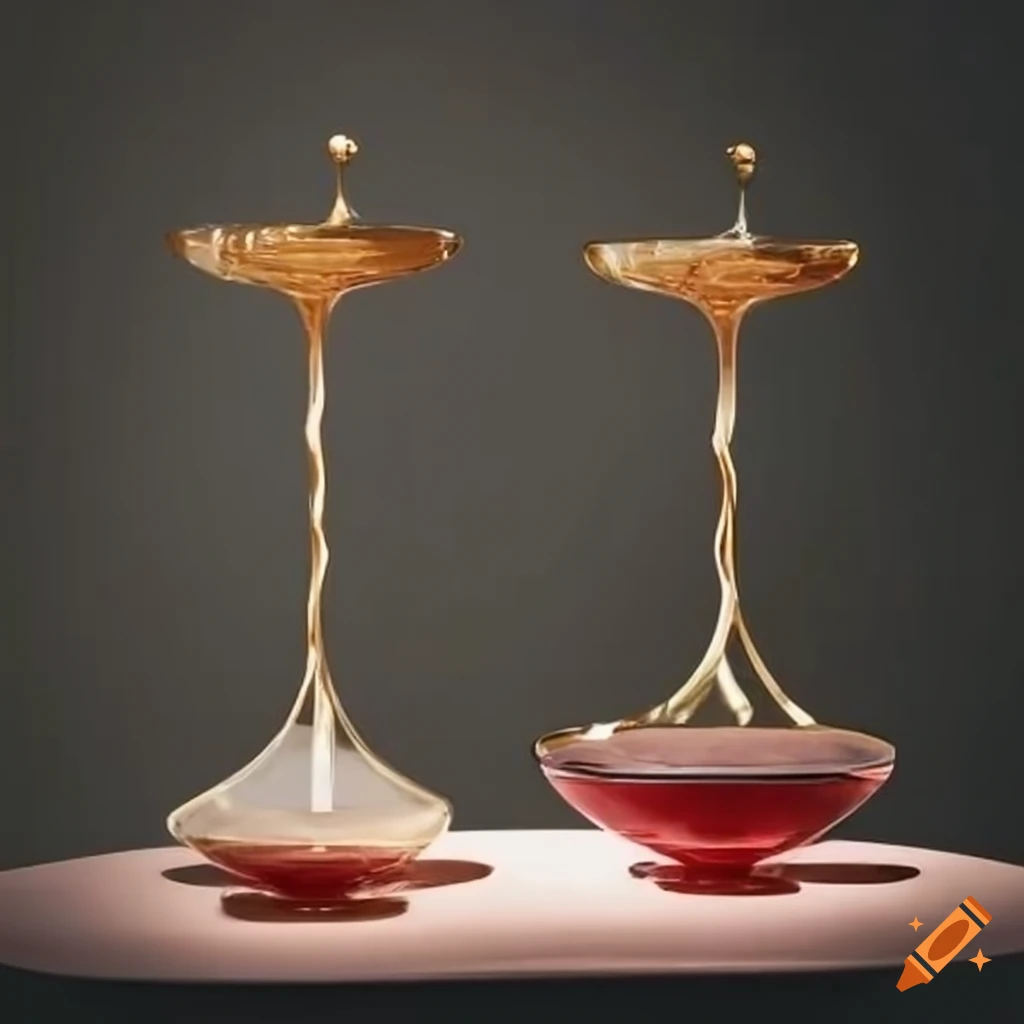 surreal patisseries on a table with complex wine glasses and mirror reflections