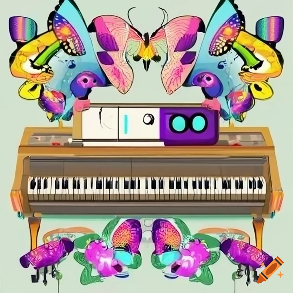 piano with butterfly decorations in a robotic forest