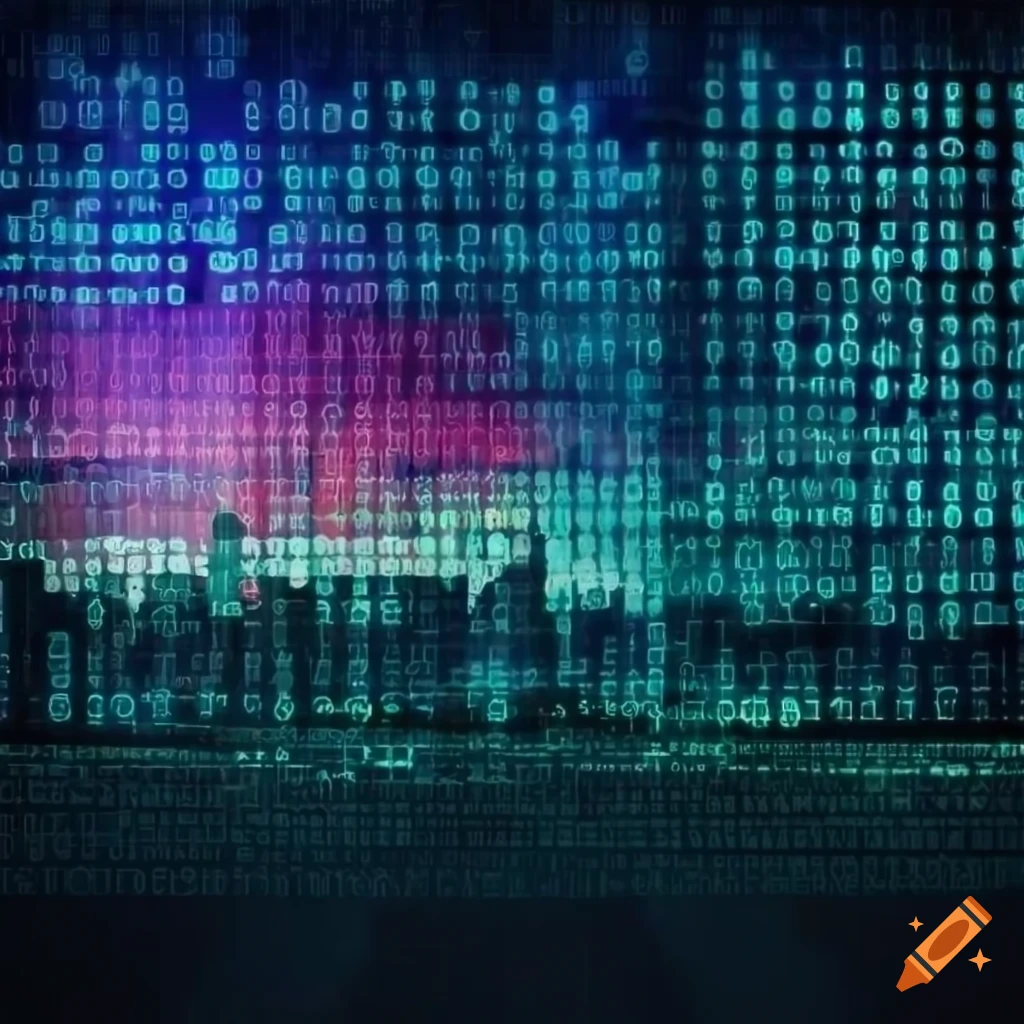 Binary code wall with city skyline in the background on Craiyon