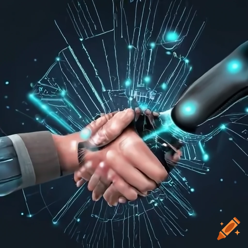 Illustration of a human handshake with ai on Craiyon