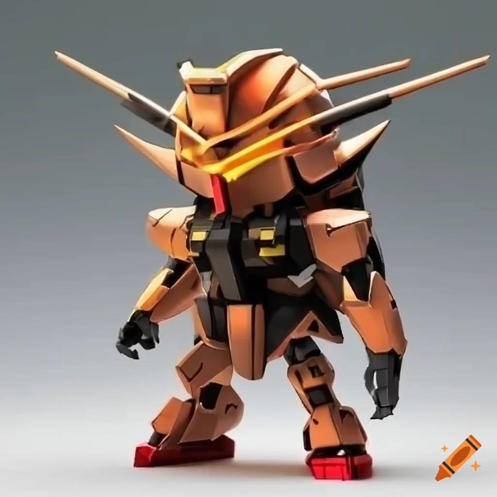 chibi gundam robot with black and orange metallic armor