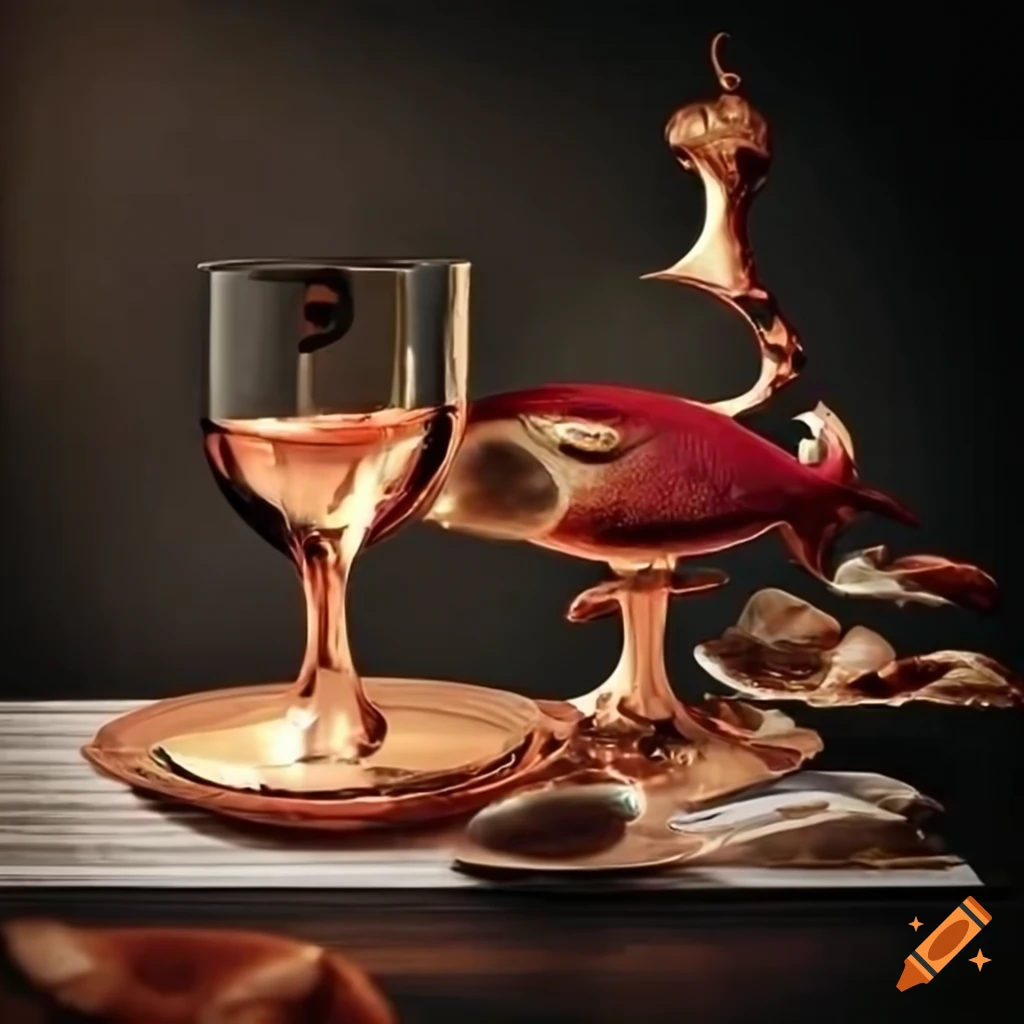 surrealist pastries on a table with wine and goldfish