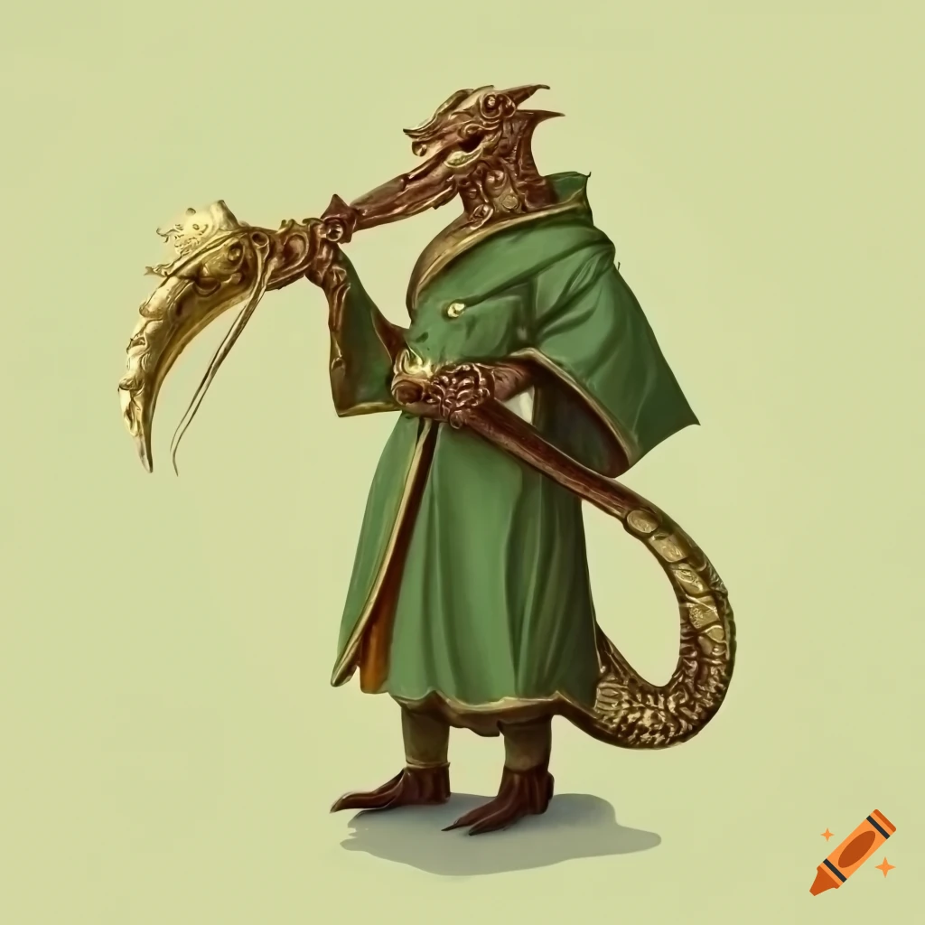 Anthropomorphic brass dragon man in green monk robe on Craiyon