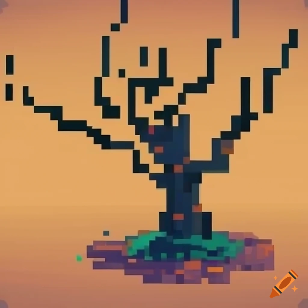 Pixel art depiction of a dead tree on craiyon