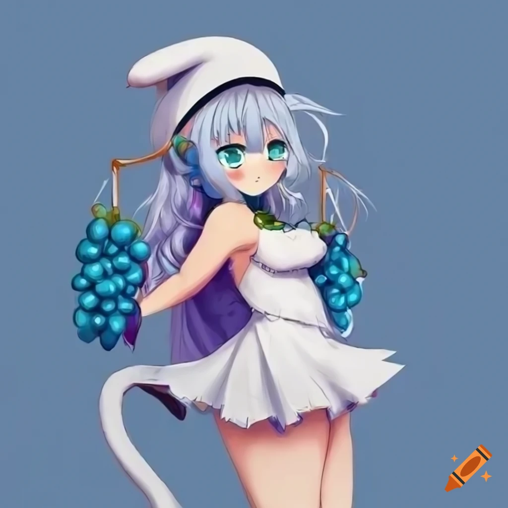 anime catgirl with blue skin holding a grape