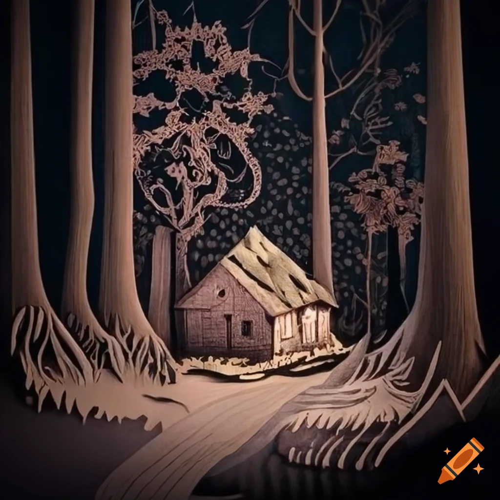 papercut art of a wooden cottage by a river in a forest