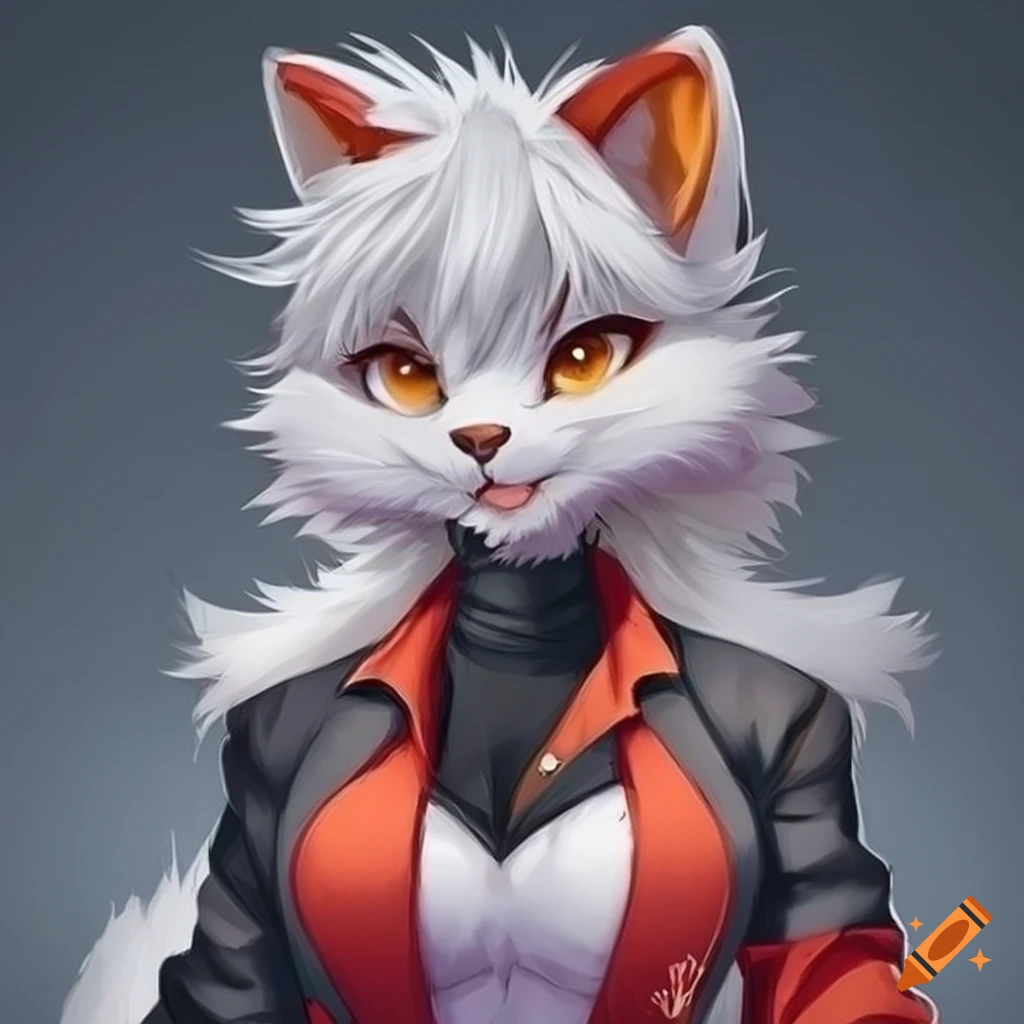 portrait of a fluffy white cat with orange eyes and a black jacket