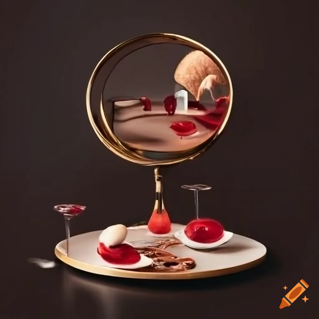 surrealist pastries and intricate wine glasses on a table