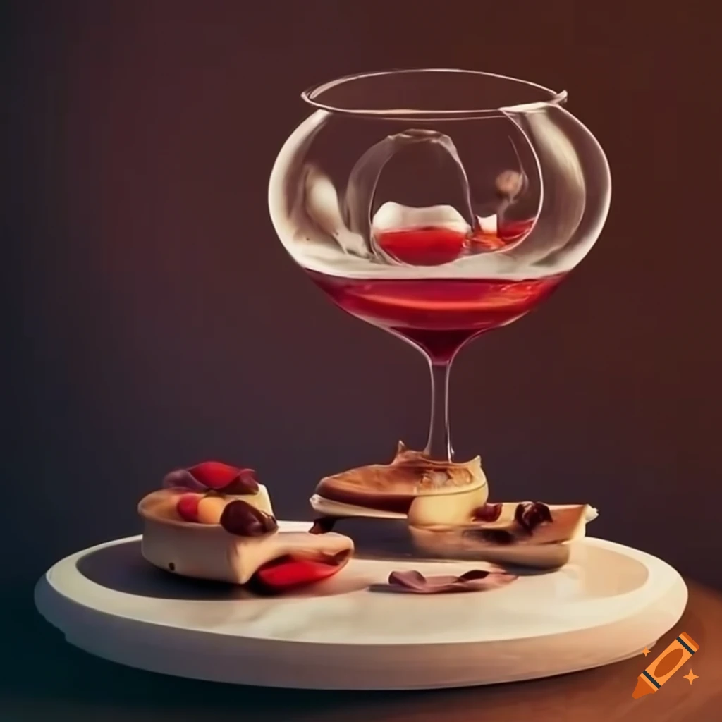 surrealistic pastries and cakes on a table with wine glasses design