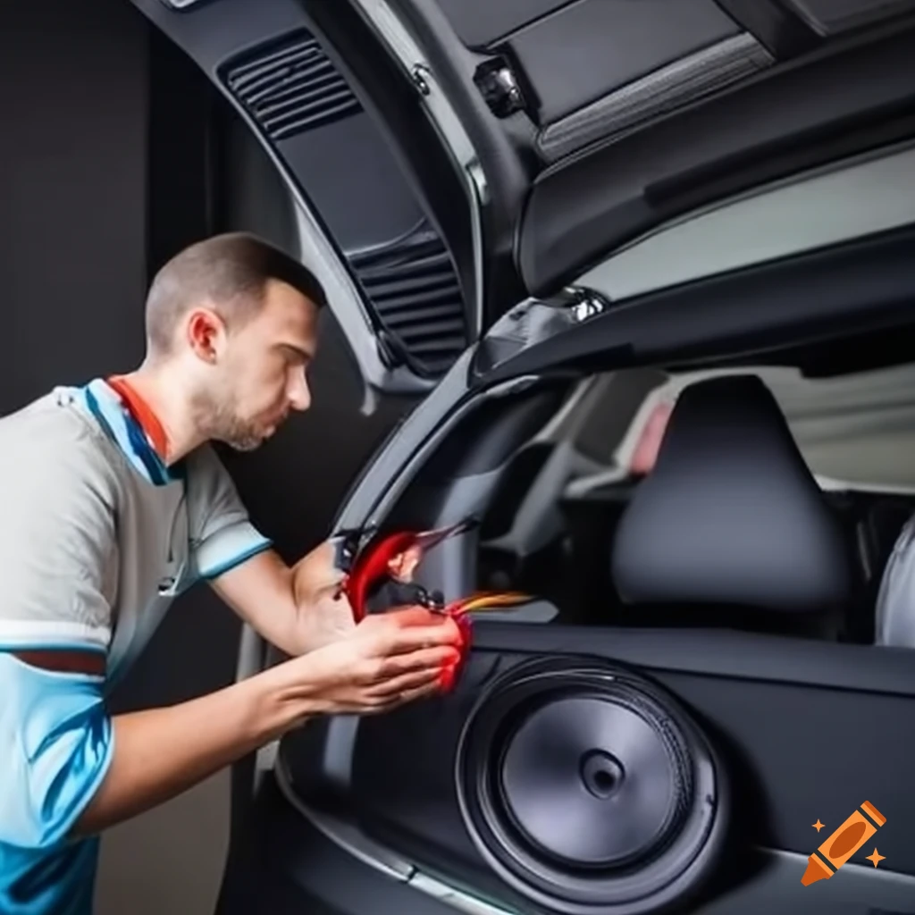 Photo of a technician installing a car audio system on Craiyon