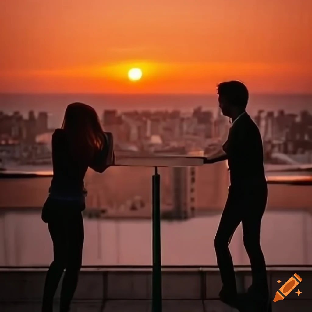 sunset scene with teenagers on a rooftop