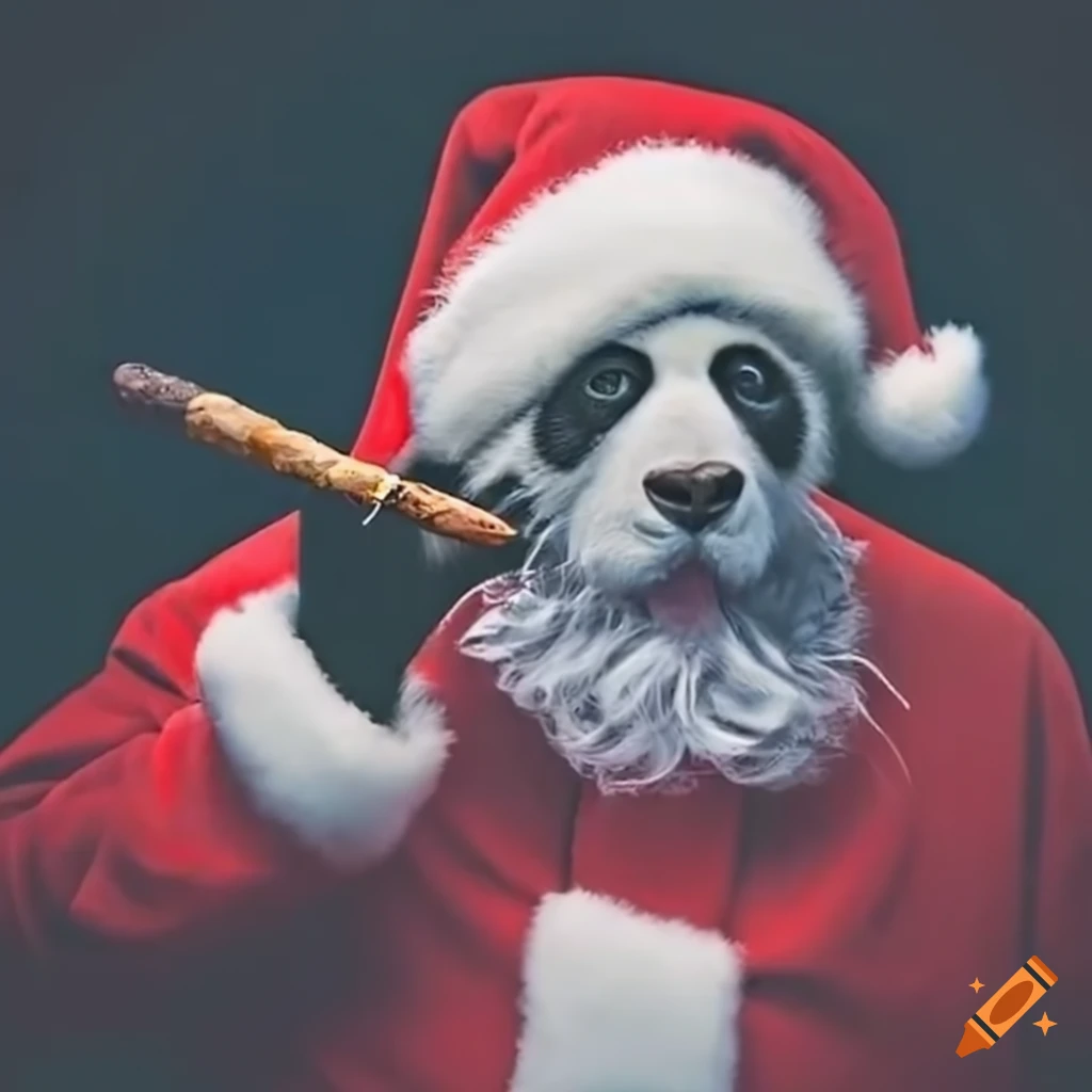 humorous image of a panda dressed as Santa smoking a cigar