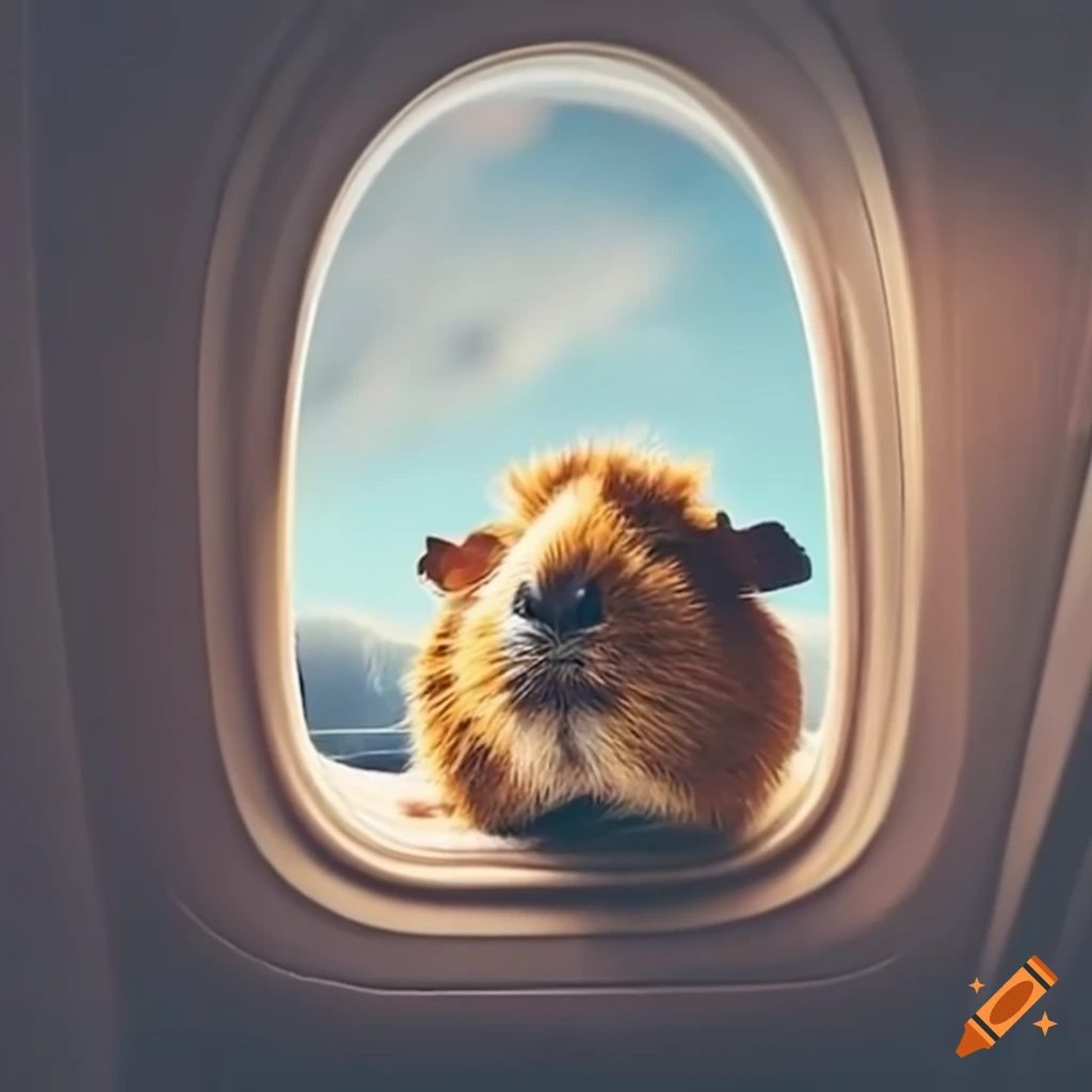 Guinea pig sitting in airplane looking out the window on Craiyon
