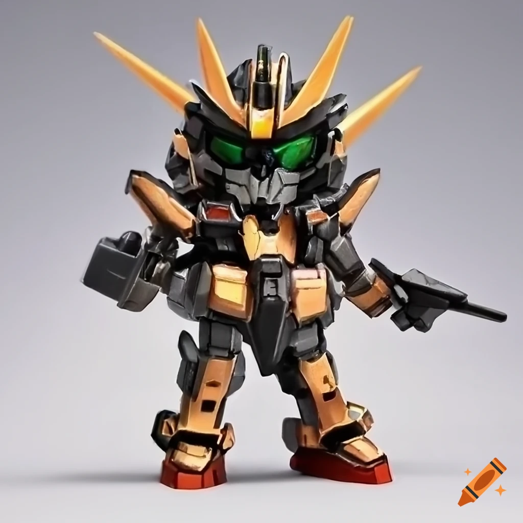 chibi gundam robot in black and orange colors