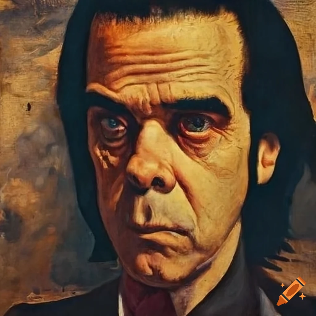 Painting of nick cave emerging from a crypt on Craiyon
