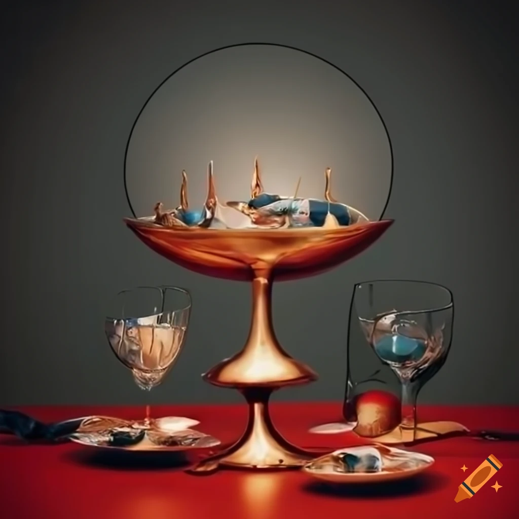 surrealistic pastries on a table with wine glasses and goldfish