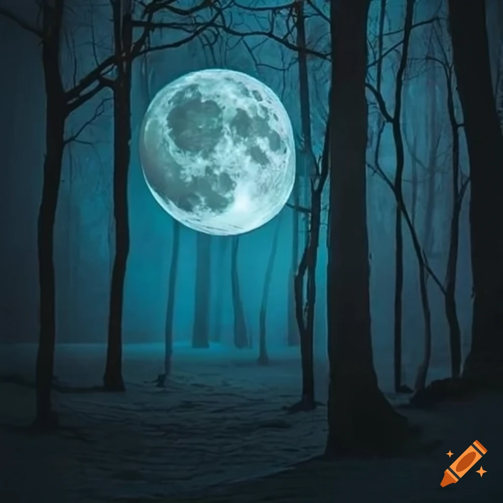 Nighttime view of a forest under a full moon on Craiyon