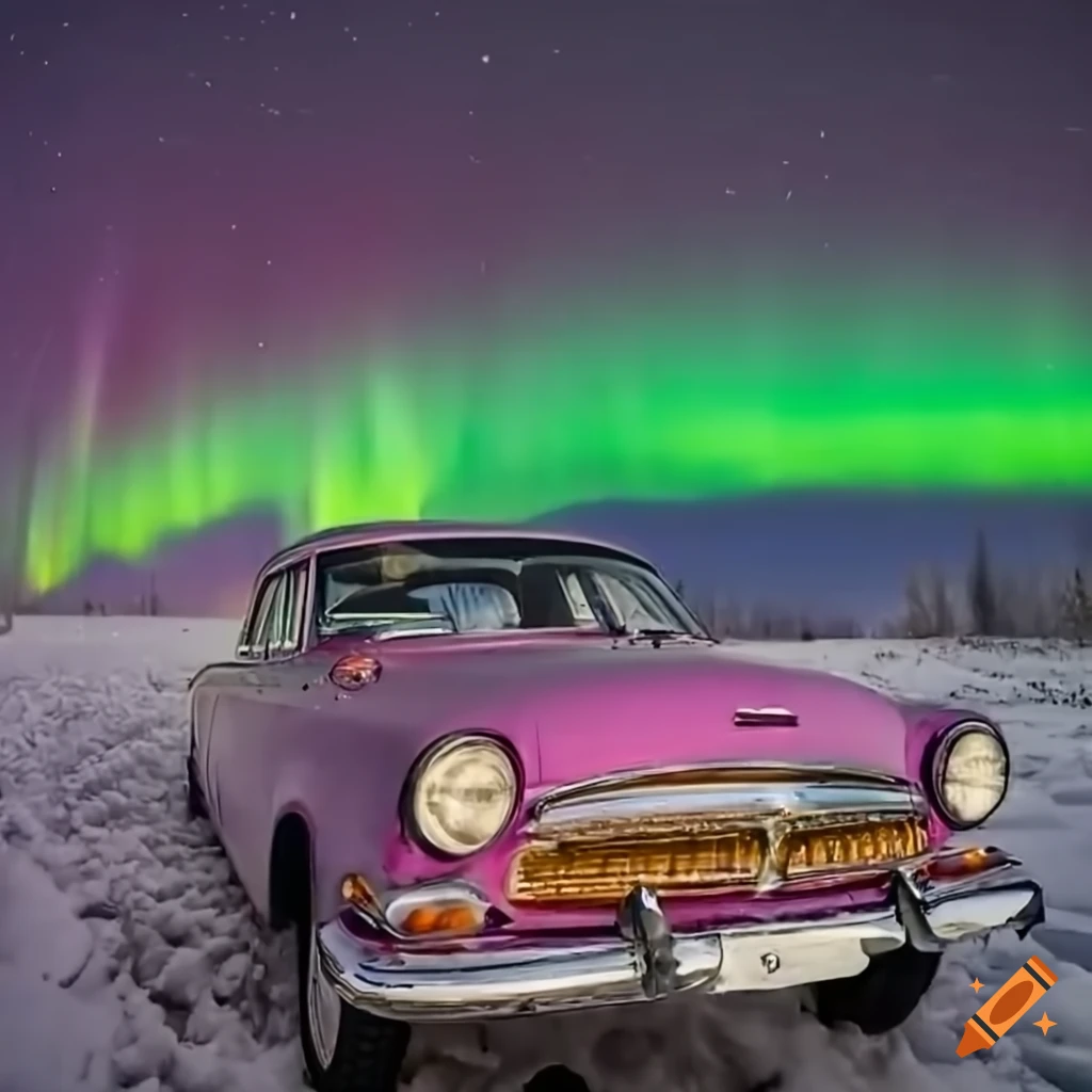 GAZ Volga car in winter forest with Aurora Borealis