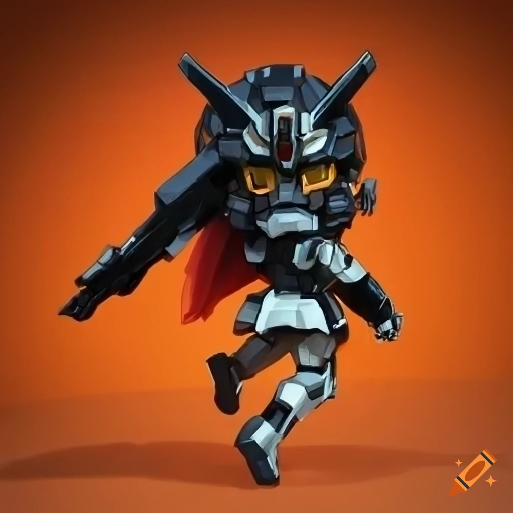 chibi female samurai robot with black and orange metallic armor