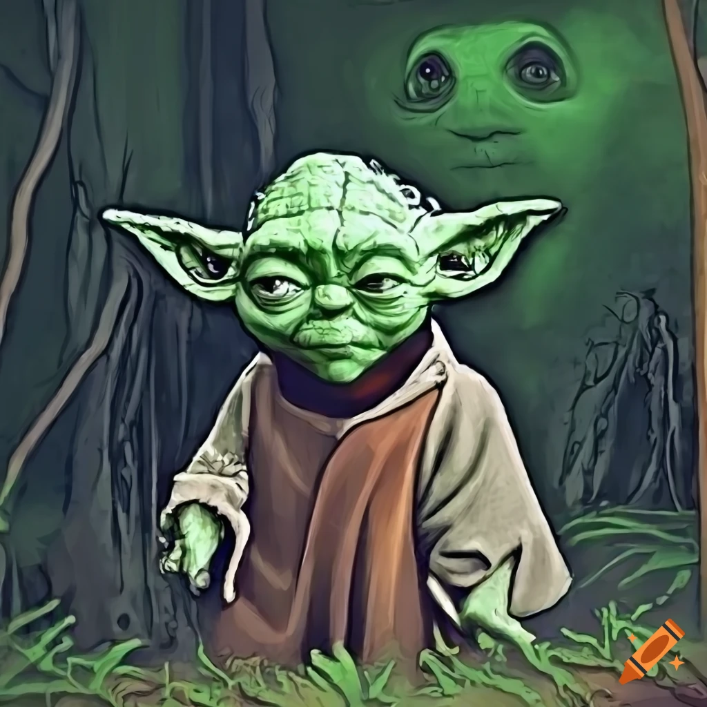 image of Yoda in a forest talking to ghosts