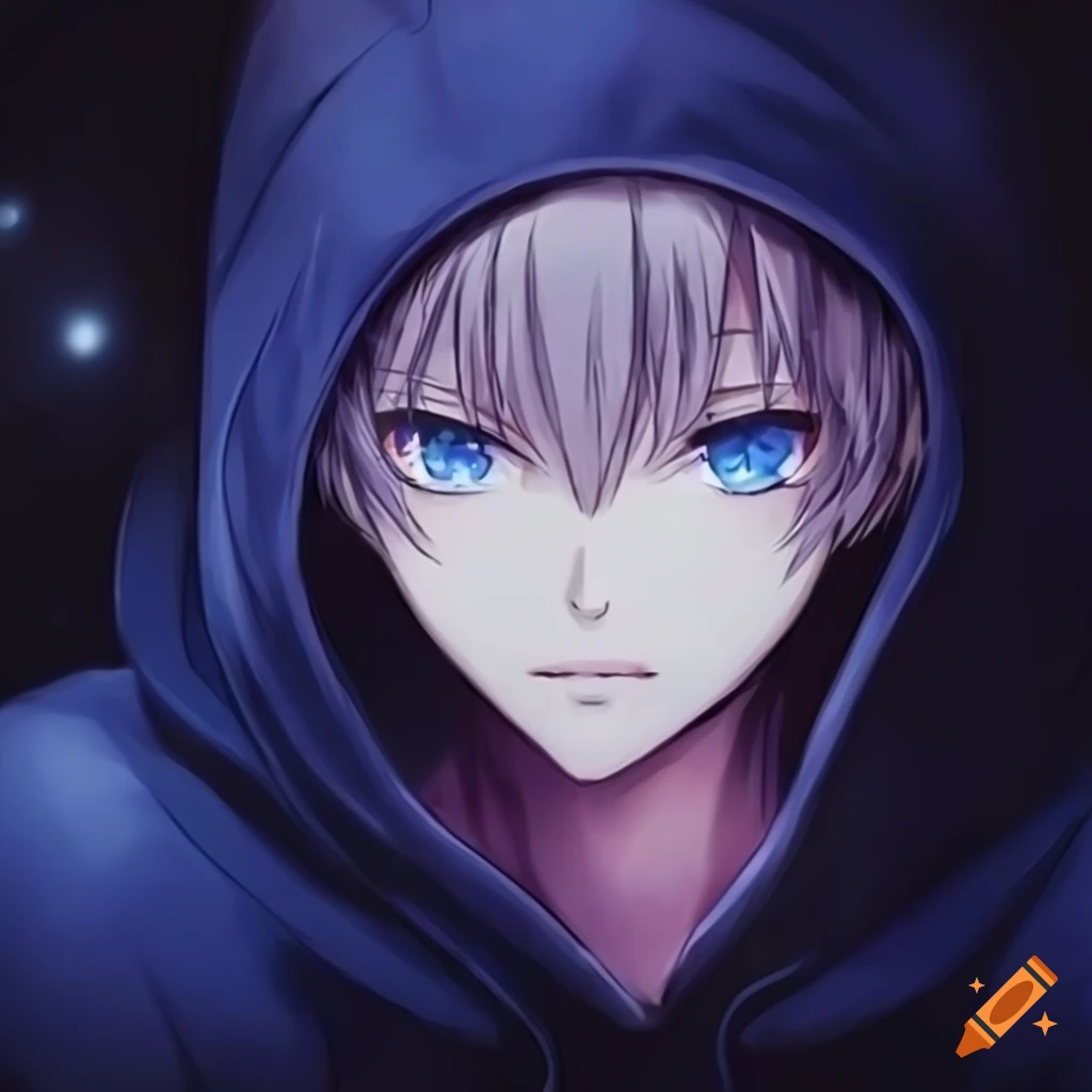 anime boy with blonde hair and blue eyes wearing a hoodie at night