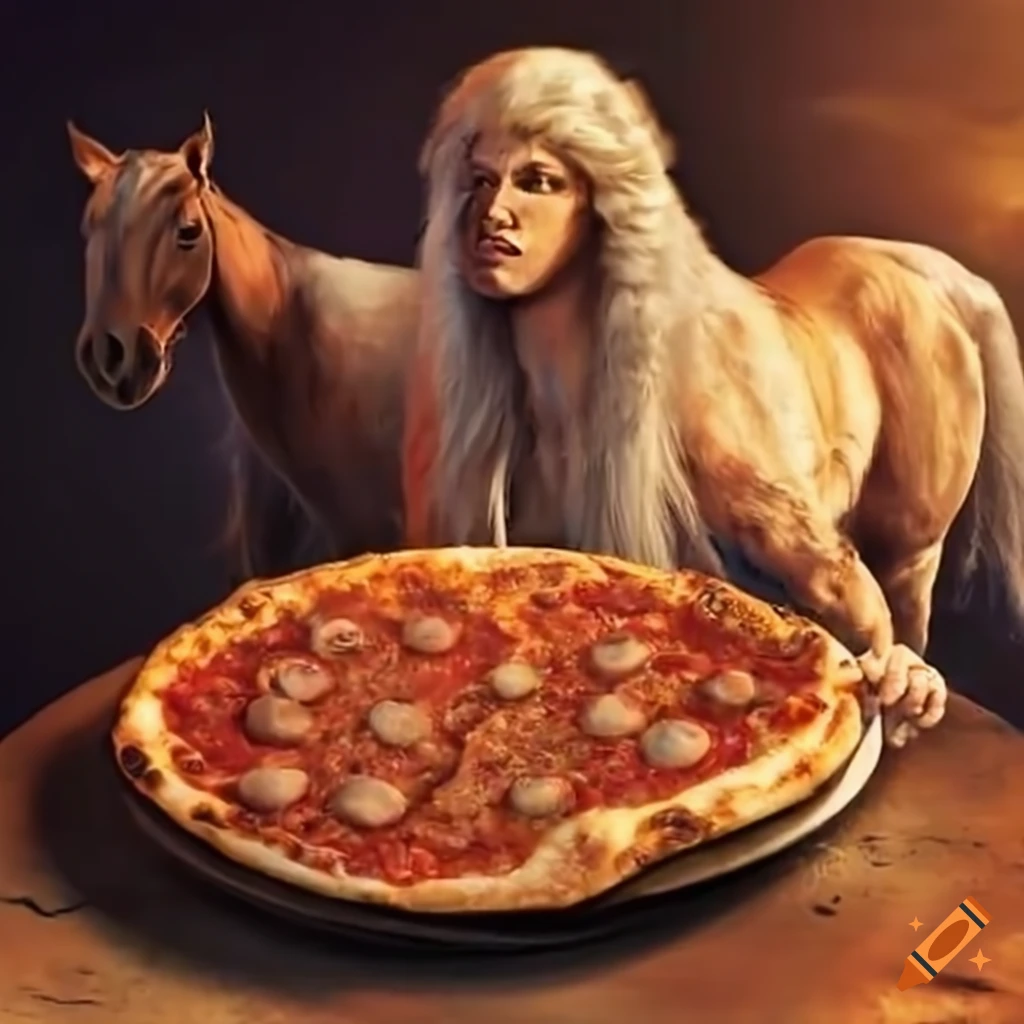 Image of horses eating pizza on mount olympus on Craiyon