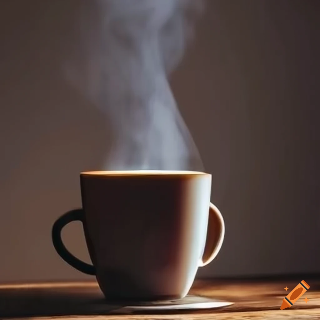 steaming mug of coffee on a hardwood countertop