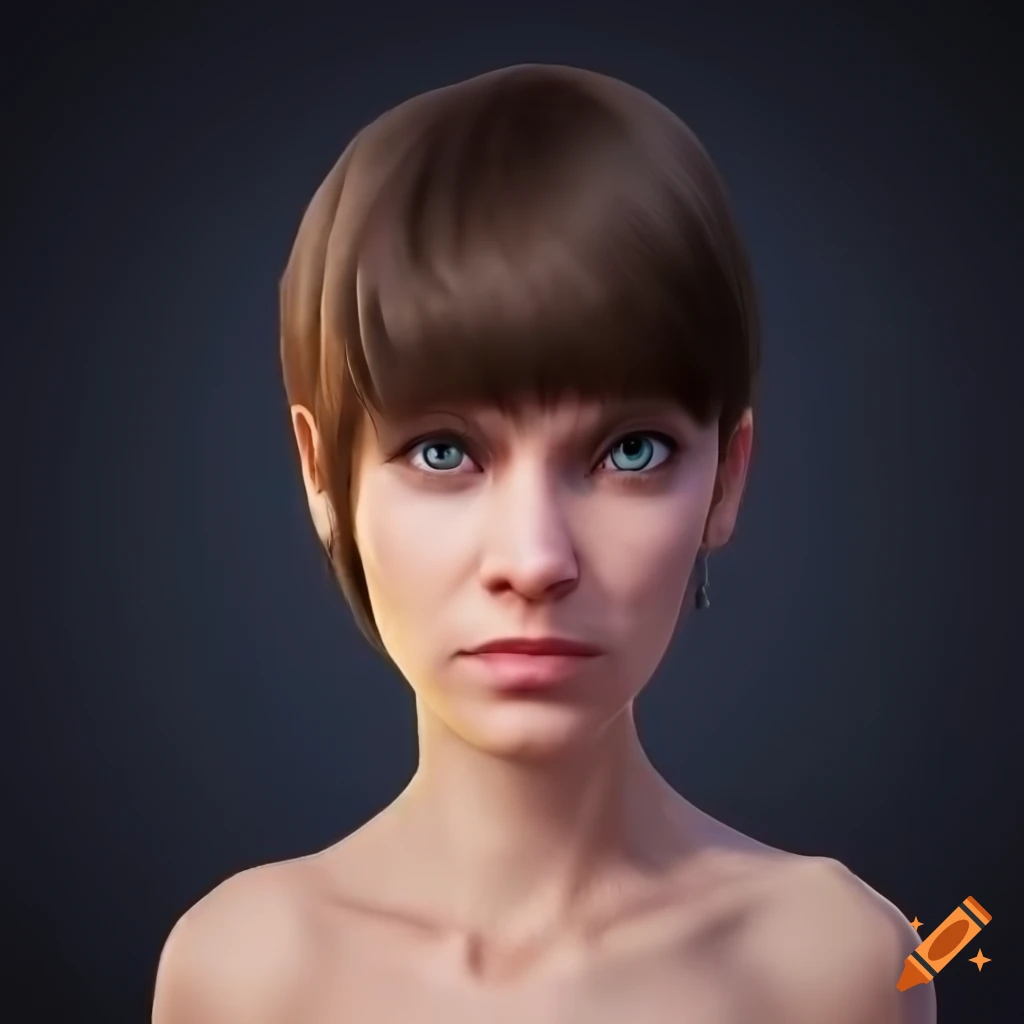 studio portrait of a young woman with short brown hair and turquoise eyes