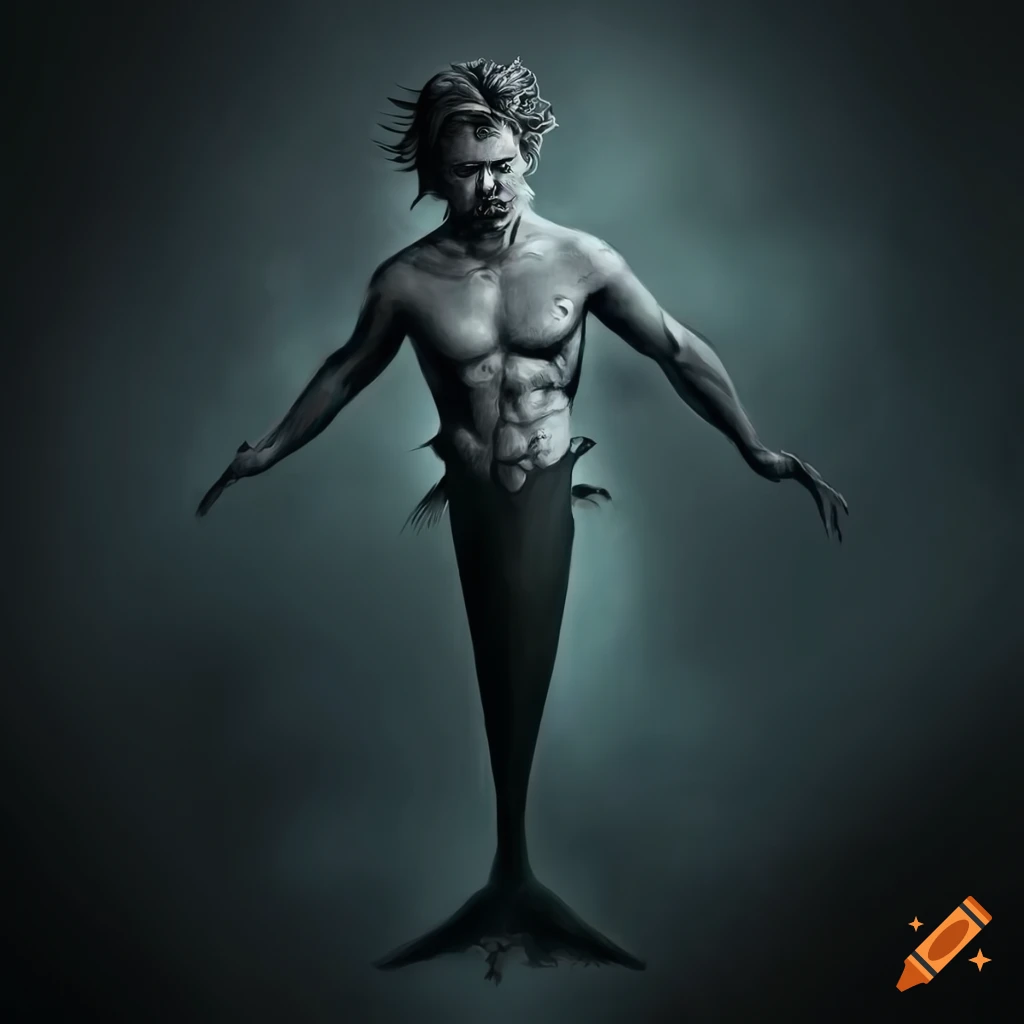 detailed etching of a merman posing