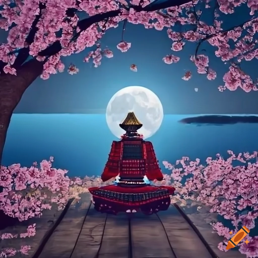 samurai meditating under a cherry blossom tree by the sea