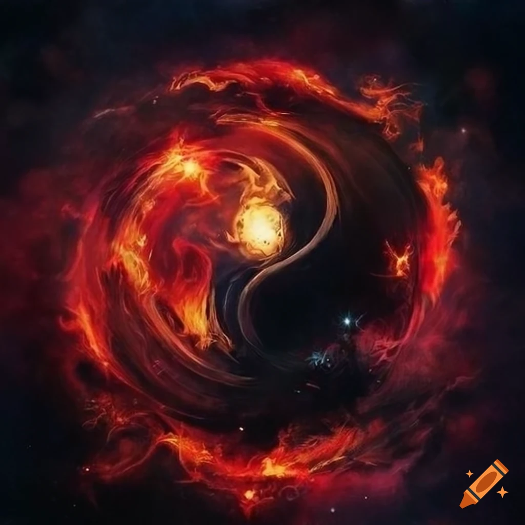 magical yin and yang art with fire and galaxy elements