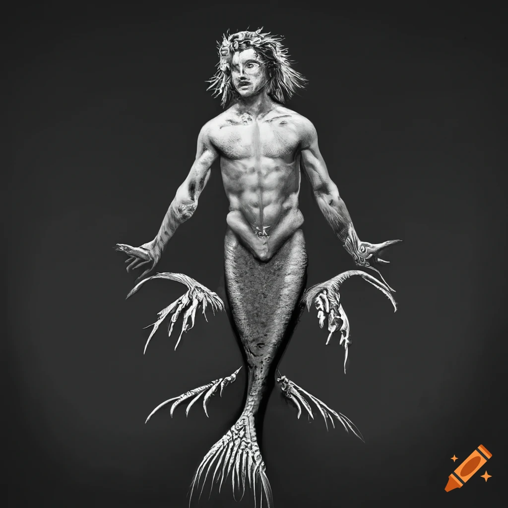 detailed etching of a full body pose of a merman
