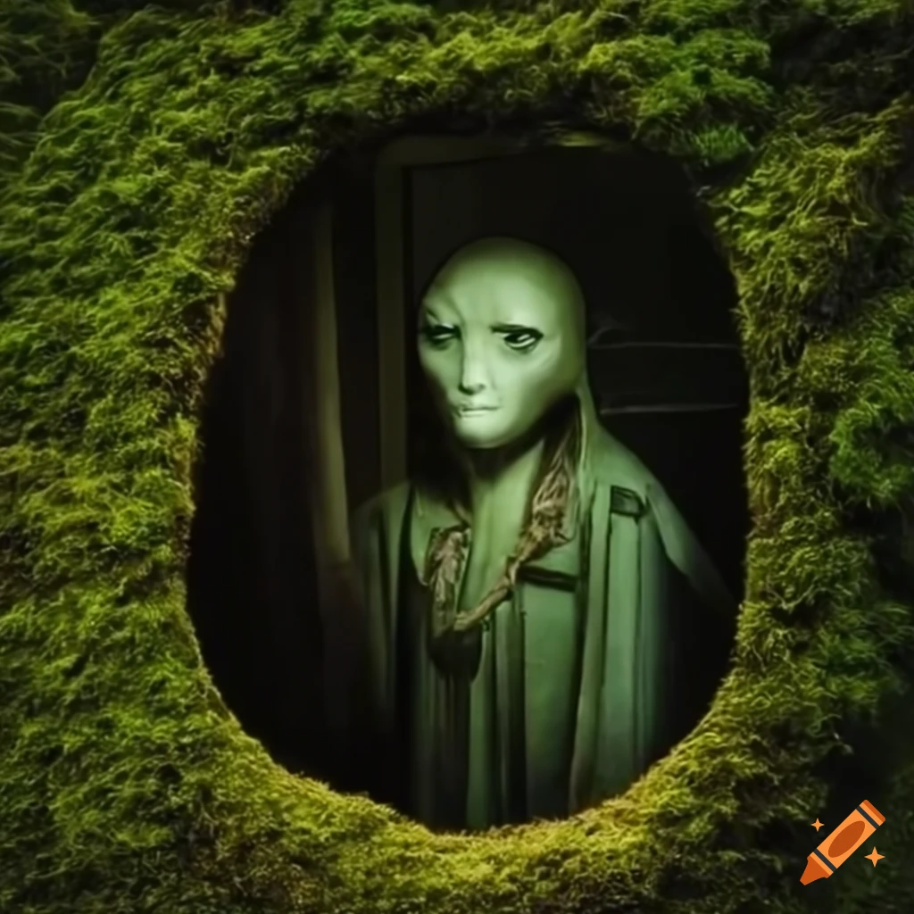 masked figure reflected in a mossy wall