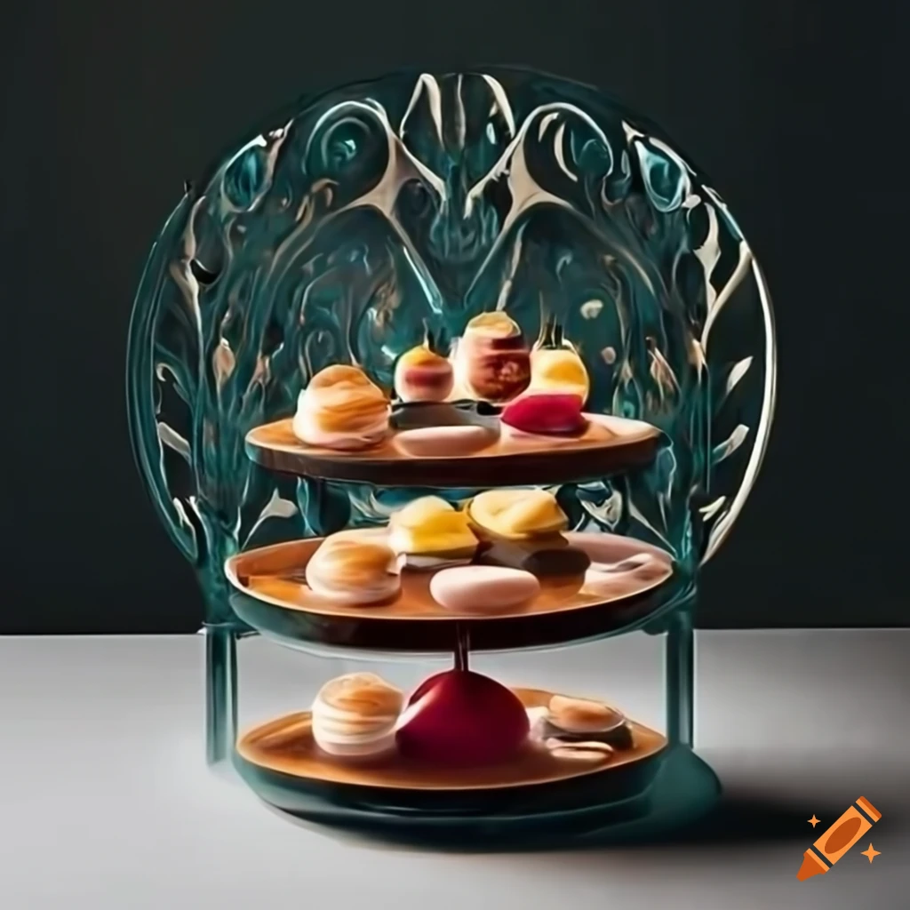 surreal desserts on a table with wine glasses