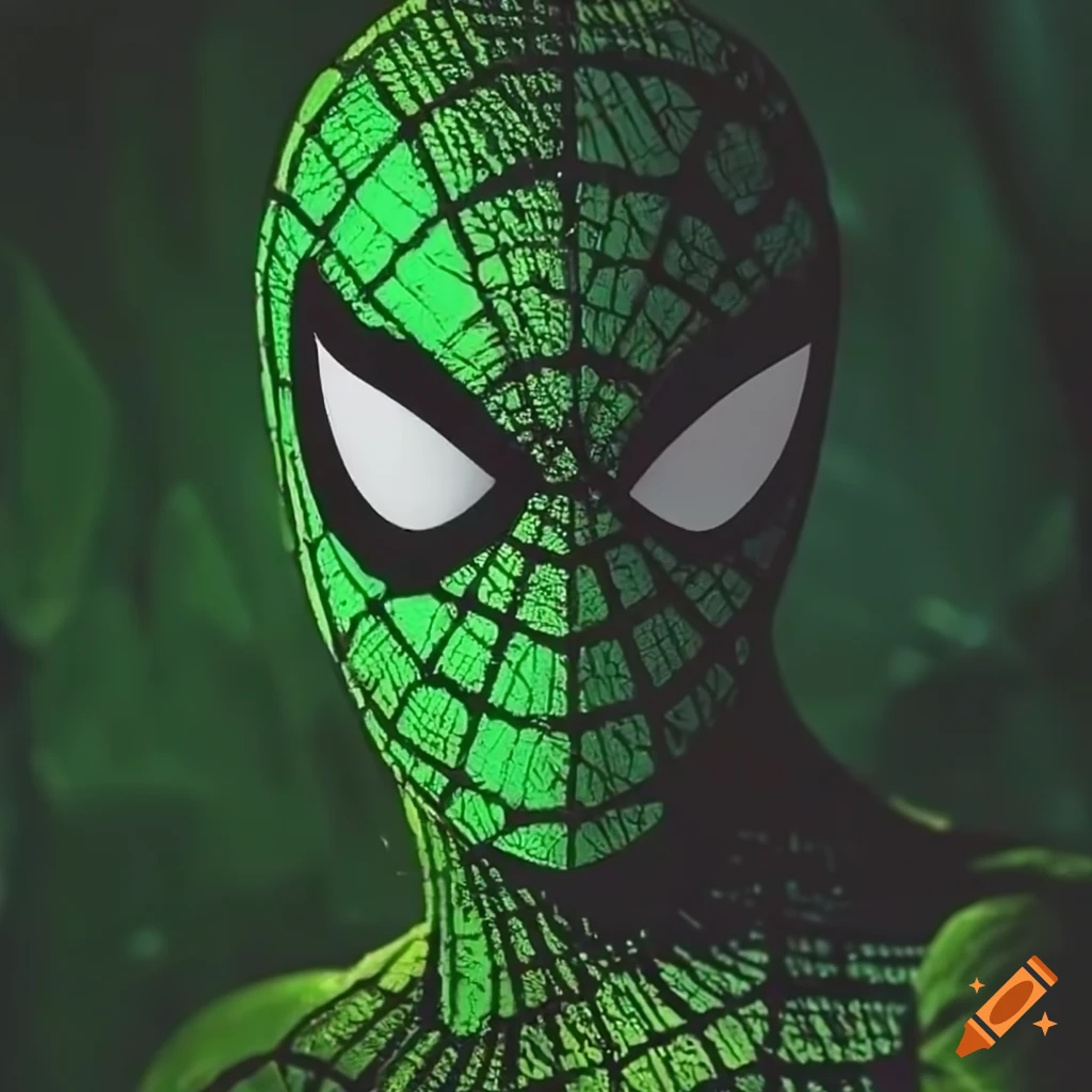 close-up of Green Spiderman with web designs