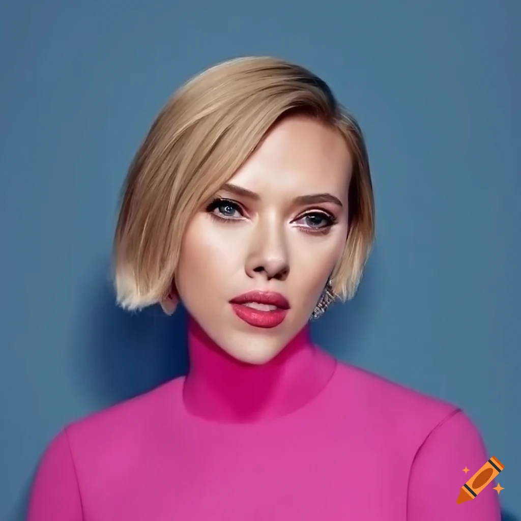 Scarlett Johansson with a bob haircut and pink turtleneck