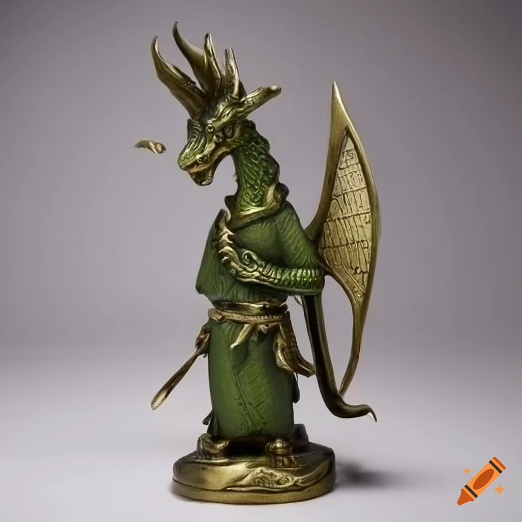 Anthropomorphic brass dragon man in green monk robe on Craiyon
