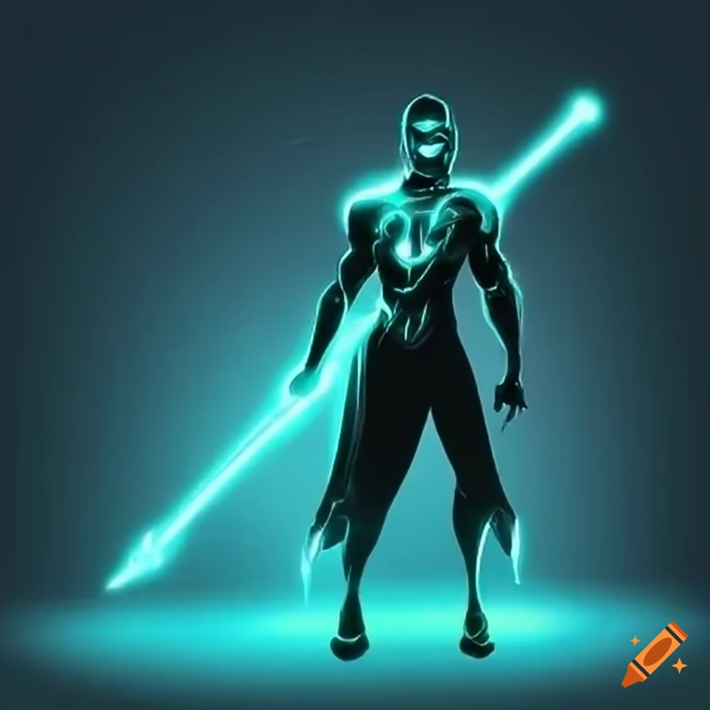 futuristic superhero with cyan energy staff