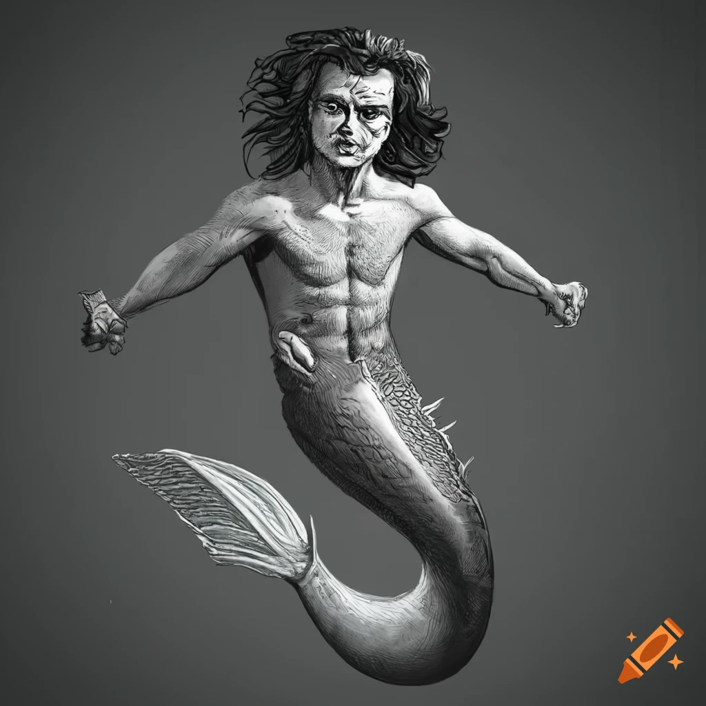 detailed etching of a full body pose of merman Steve Harrington